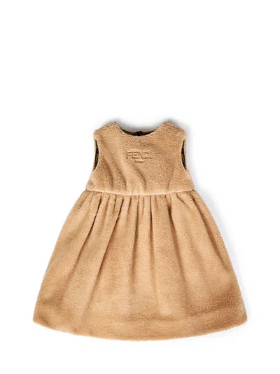 Fendi Kids Faux Fur Logo Embroidery Dress In Beige
