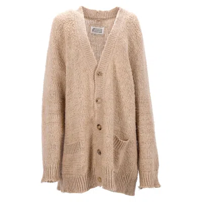Maison Margiela V-neck Brushed Cardigan In Beige Linen In Beige