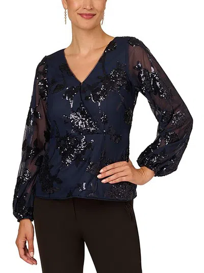 ADRIANNA PAPELL WOMENS FLORAL SEQUINED BLOUSE 