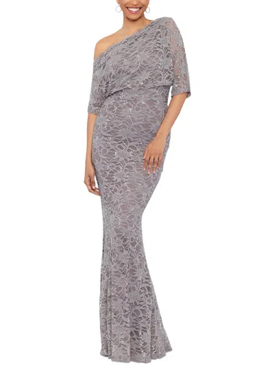 Betsy & Adam One-shoulder Sequin Lace Gown In Grey