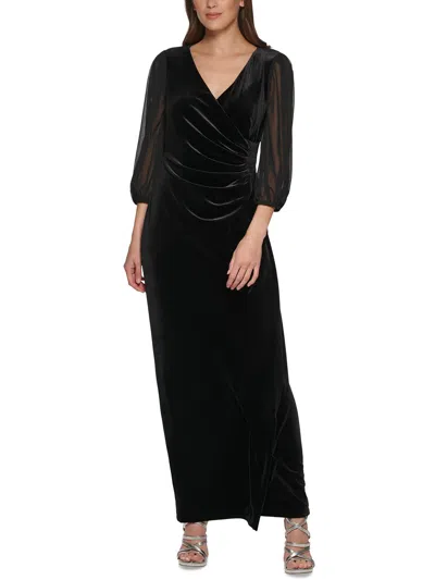 Dkny Women's Side-ruched Chiffon-sleeve Velvet Gown In Black
