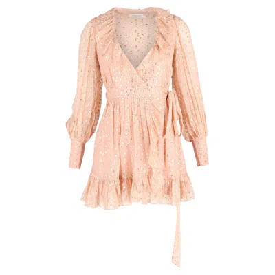 Zimmermann Ruffled Mini Wrap Dress With Gold Polka Dots In Blush Silk In Pink