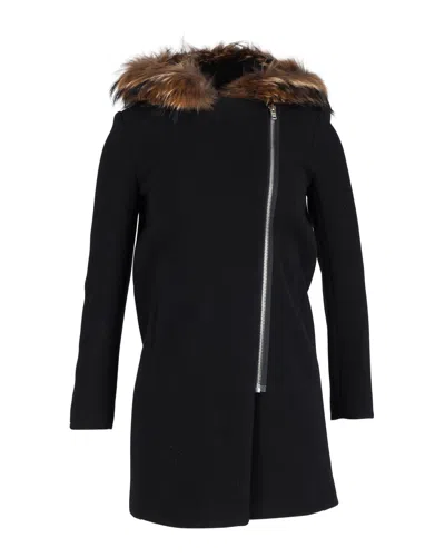 Sandro Henry Fox Fur-trimmed Coat In Black Wool In Black