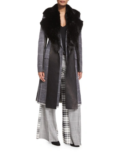 Calvin Klein Collection Mixed-plaid Wool Coat W/leather Trim, Black