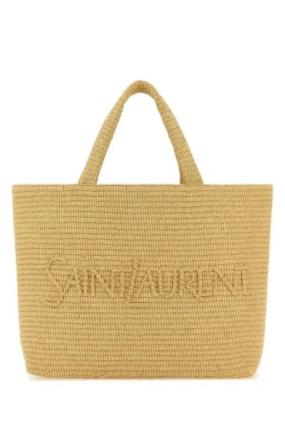 Shop Saint Laurent Woman Beige Raffia Shopping Bag In Brown