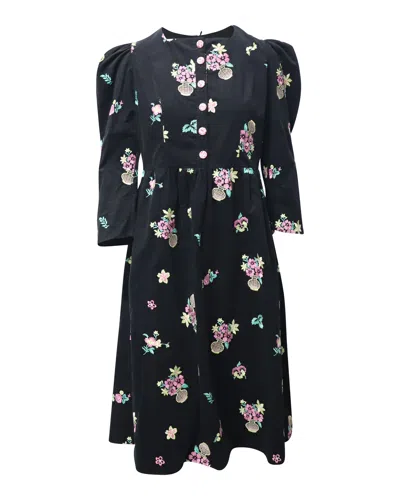 Batsheva Puff Sleeve Midi Dress In Black Floral Print Cotton In Black