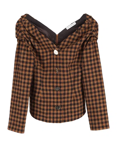 Rejina Pyo Checked V-neck Blouse In Brown Wool In Brown