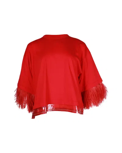 N°21 Ostrich Feather Trimmed Relaxed Blouse In Red Cotton In Red