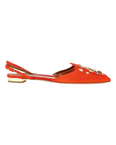 Aquazzura Studded Accents Slingback Flats In Orange Satin In Orange