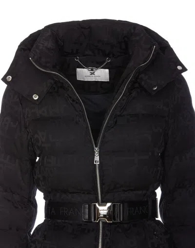 Elisabetta Franchi Short Down Jacket In Jacquard Nylon In Black