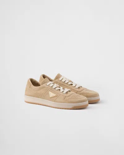 Prada Mens Neutral Downtown Logo-plaque Suede Low-top Trainers Eur 42 / 8 Uk