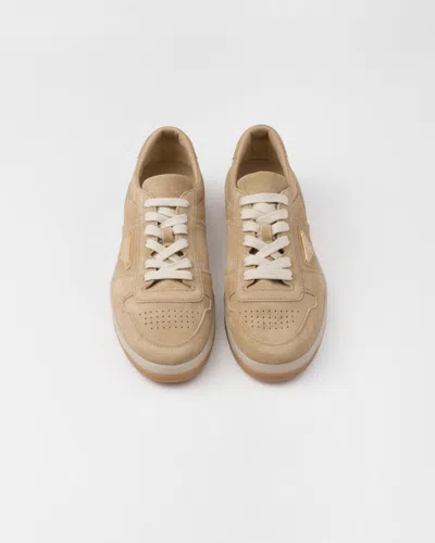 Prada Mens Neutral Downtown Logo-plaque Suede Low-top Trainers Eur 42 / 8 Uk
