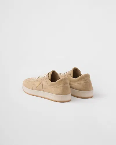 Prada Mens Neutral Downtown Logo-plaque Suede Low-top Trainers Eur 42 / 8 Uk