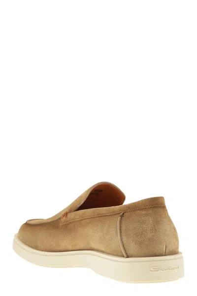 Santoni Brown Suede Loafers With Rubber Sole In Neutral