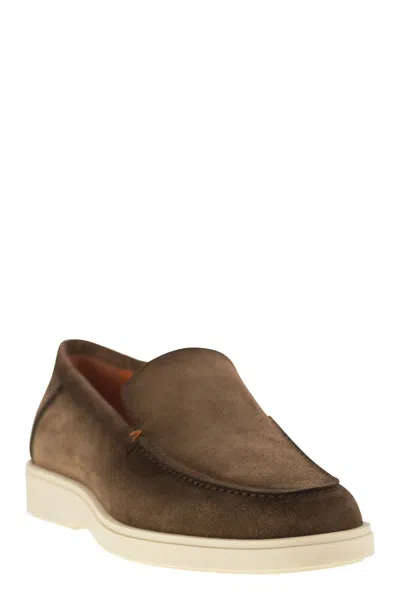Santoni Mocassini In Pelle Scamosciata Marrone Uomo