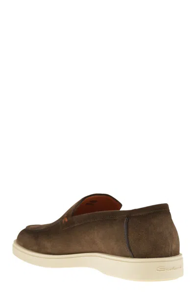 Santoni Mocassini In Pelle Scamosciata Marrone Uomo