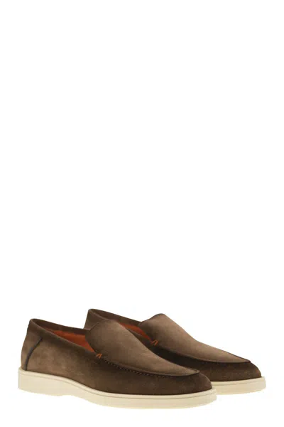 Santoni Mocassini In Pelle Scamosciata Marrone Uomo