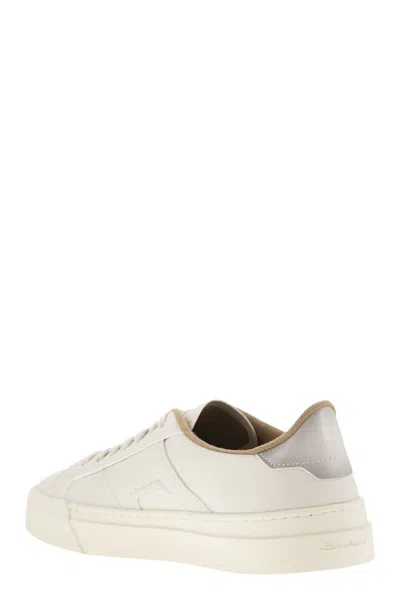 Santoni Tumbled Leather Double Buckle Trainer In White