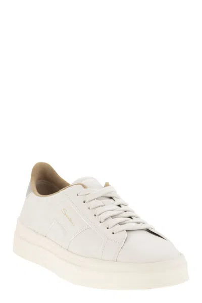 Santoni Tumbled Leather Double Buckle Trainer In White