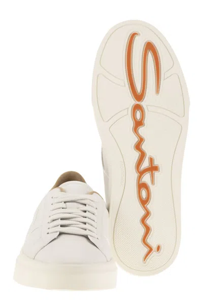 Santoni Tumbled Leather Double Buckle Trainer In White