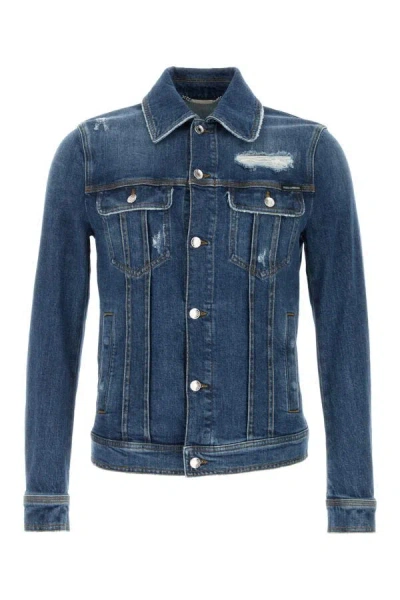 Dolce & Gabbana Blue Jacket With Classic Collar And Rips In Denim Stretch Man In Blue