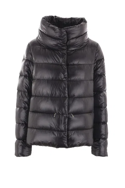 Herno Puffy Black Coat With Glossy Finish And High Collar In Black