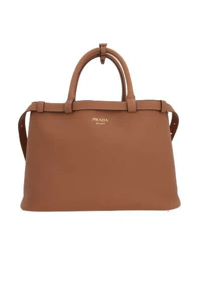 Prada Buckle Medium Leather Handbag With Double Belt In Caramel 0