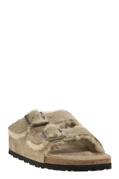 Birkenstock Arizona Suede Shearling Dual-buckle Slide Sandals In Grey