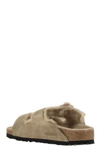 Birkenstock Arizona Suede Shearling Dual-buckle Slide Sandals In Grey