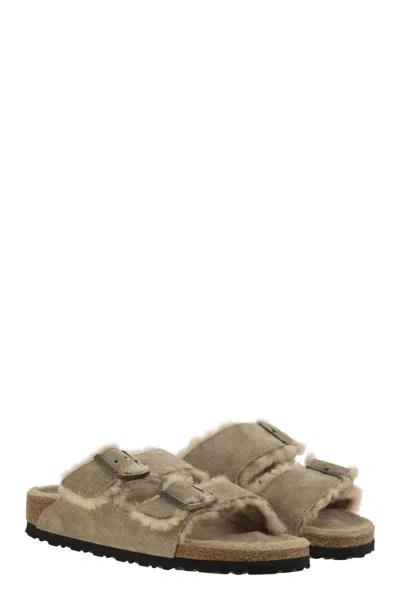 Birkenstock Arizona Suede Shearling Dual-buckle Slide Sandals In Grey