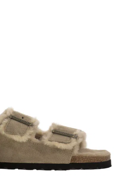 Birkenstock Arizona Suede Shearling Dual-buckle Slide Sandals In Grey
