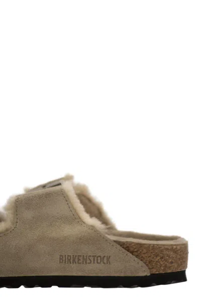 Birkenstock Arizona Suede Shearling Dual-buckle Slide Sandals In Grey