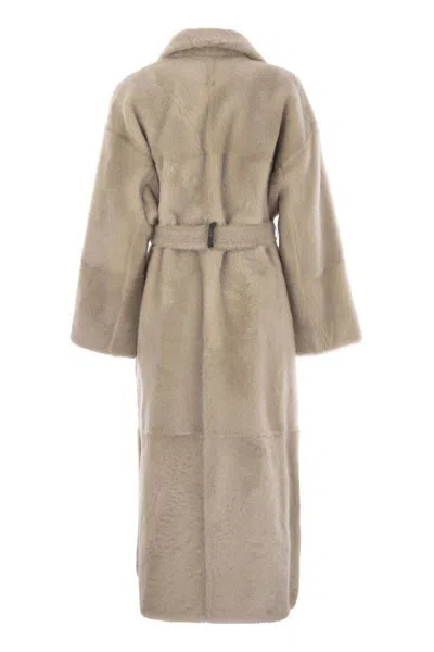 Brunello Cucinelli Reversible Shearling Coat With Shiny Detailing In Beige