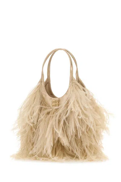 Miu Miu Feather-detail Satin Handbag In Beige O Tan
