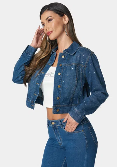 Bebe Denim Jacket With Rhinestones In Grey Wash