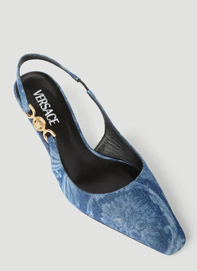 Shop Versace Women Barocco Denim Low Slingback Pumps In Blue