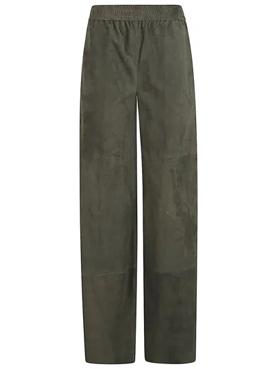 Via Masini 80 Dark Green Suede Leather Trousers In Green