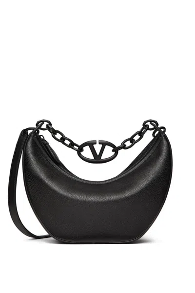 Valentino Small Vlogo Moon Bag Hobo In Hammered Leather In Black