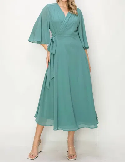 Onetheland Wrap Knit V Neck Midi Dress In Dusty Teal In Multi