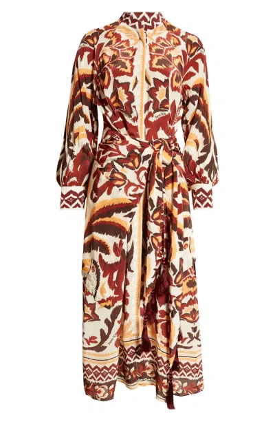 Farm Rio Tie Front Long Sleeve Shirtdress In Multi