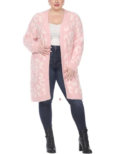 White Mark Plus Size Leopard Print Open Front Sherpa Sweater In Pink