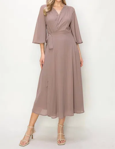 Onetheland Wrap Knit V Neck Midi Dress In Taupe In Grey