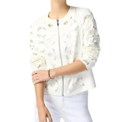 JOSEPH RIBKOFF FOILED SUEDE LASER CUT JACKET IN VANILLA 