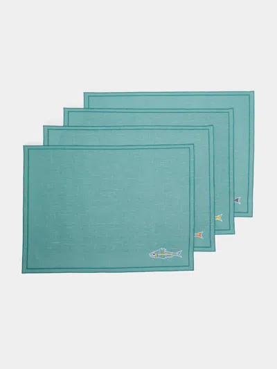 La Gallina Matta Sardines Embroidered Linen Placemats (set Of 4)  Abask Gift Set