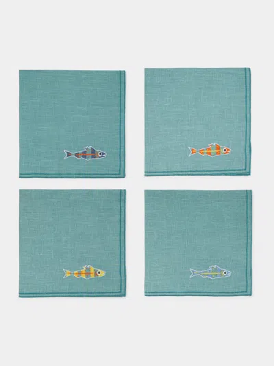 La Gallina Matta Sardines Embroidered Linen Napkins (set Of 4)  Abask Gift Set