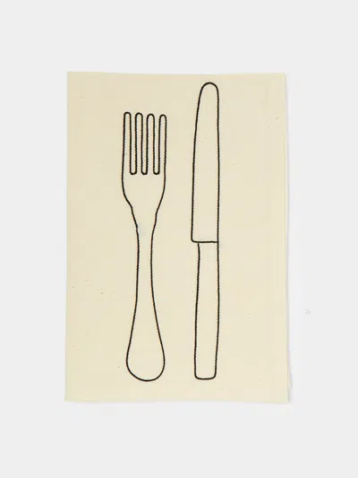 Oeuvres Sensibles Knife & Fork Hand-embroidered Linen Napkins (set Of 4)  Abask Gift Set