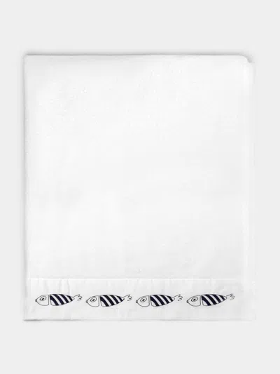 Loretta Caponi Striped Fish Hand-embroidered Cotton Bath Sheet  Abask Luxury Gift