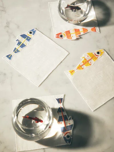 La Gallina Matta Sardines Embroidered Linen Cocktail Napkins (set Of 4)  Abask Gift Set