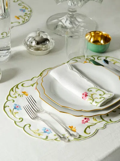 Taf Firenze Rose Hand-embroidered Linen Placemats And Napkins (set Of 6)  Abask Gift Set