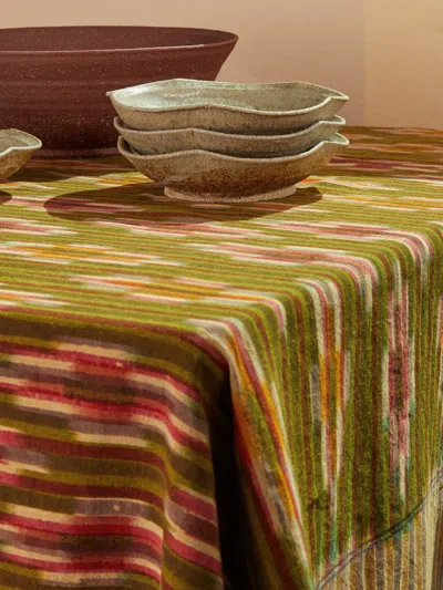 Gregory Parkinson Turmeric Moss Block-printed Cotton Rectangular Tablecloth  Abask Luxury Gift